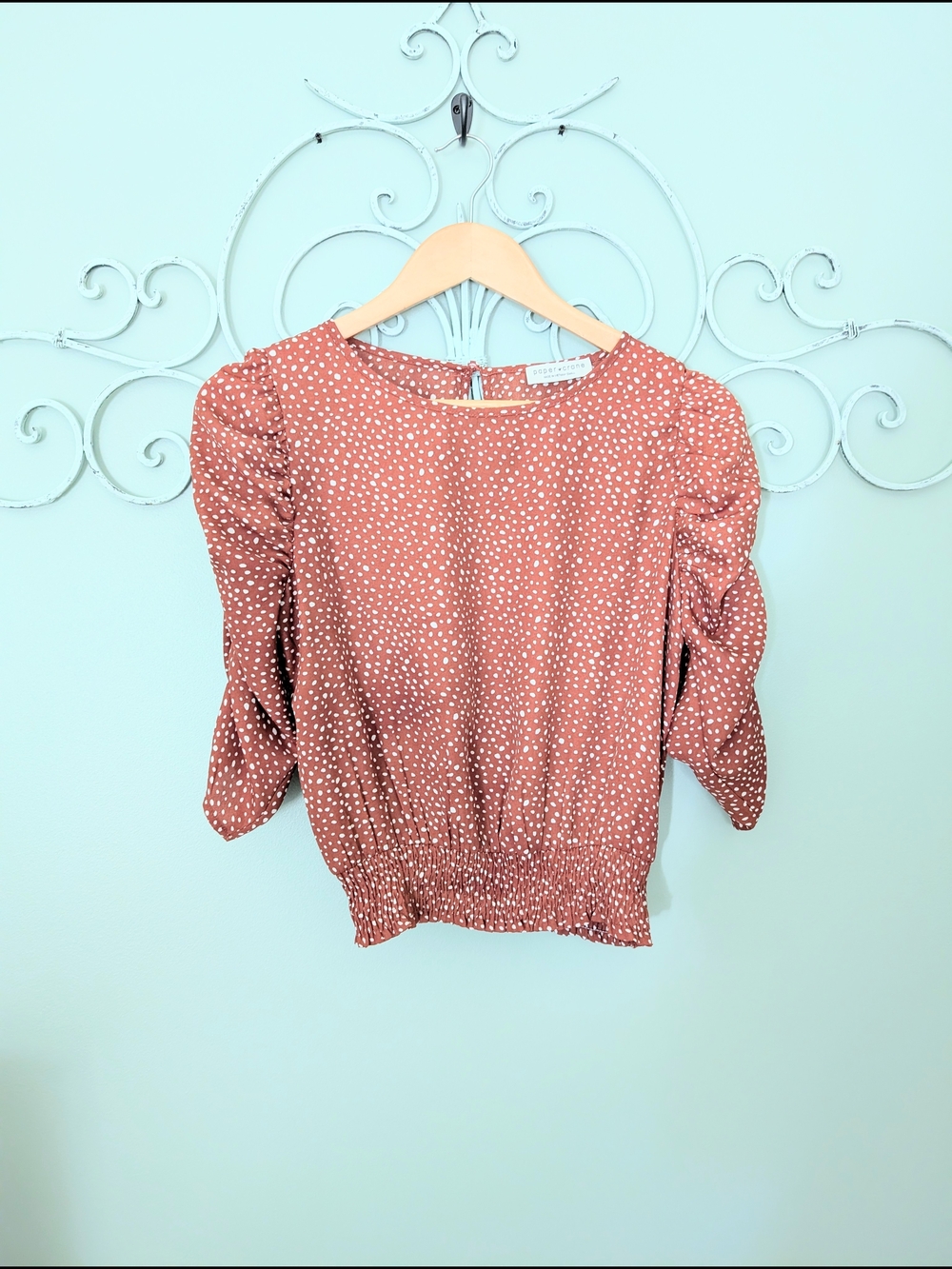 Paper Crane Polka Dot Puff-Sleeve Smocked Hem Top